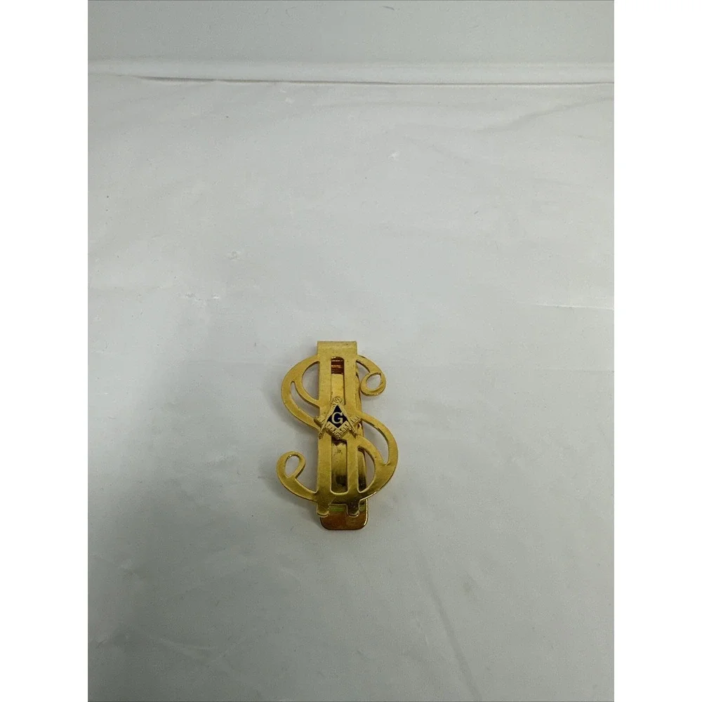 Gold Tone Blue Masonic Freemason Dollar Sign Money Clip Vintage
